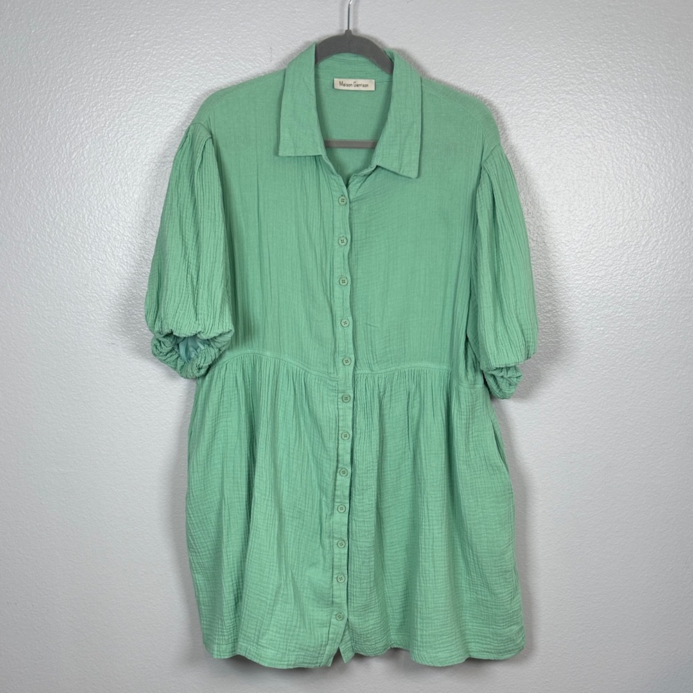 Maison Garrison Seafoam Green Button-Front Gauze Baby Doll Shirt Dress Large